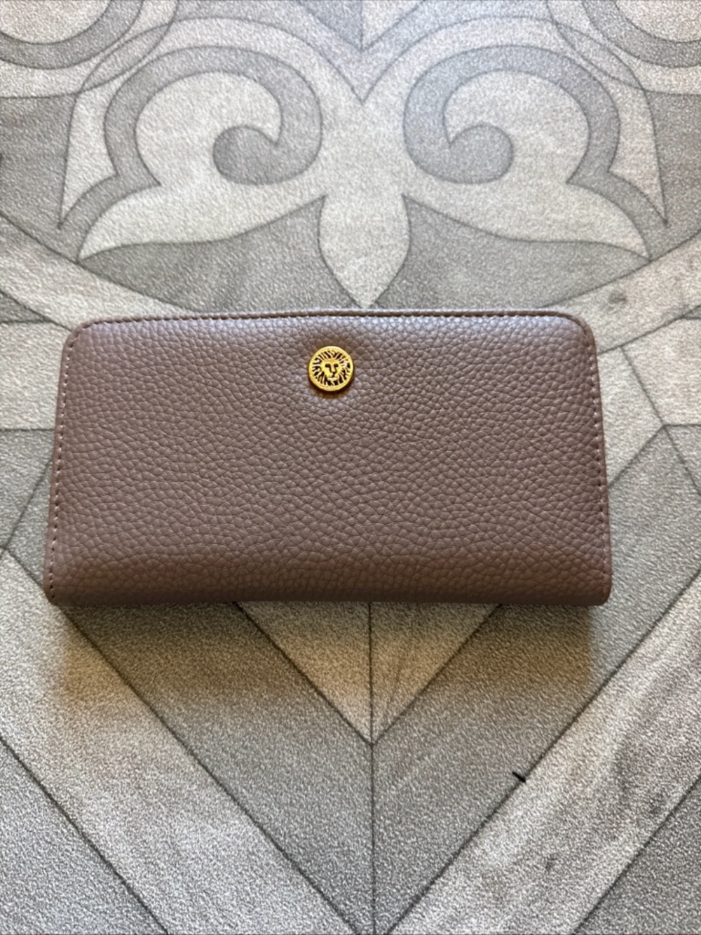 Brown Leather Button Wallet with Gold Emblem Anne Klein